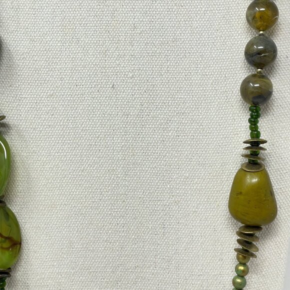 Treska Beaded Long Necklace Green Stone Porcelain Glass Boho Chunky Signed - Picture 9 of 13